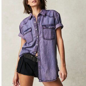 NWT Free People The Short Of It Denim Top / Orchid Overdye XL